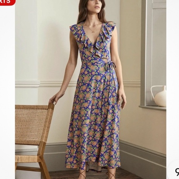 Boden Dresses & Skirts - Boden Saskia Wrap Midi Dress Womens 2 Blue Medallion Floral Midi Ruffle Jersey